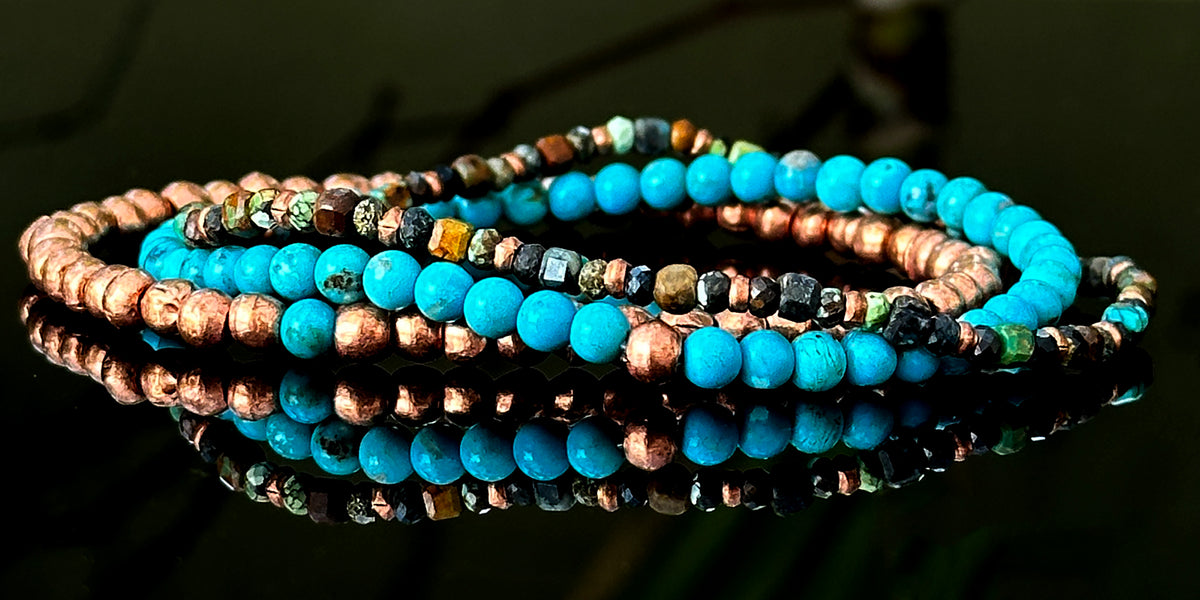 Arizona Turquoise w/ Handmade Copper Beads Stack of Bracelets for